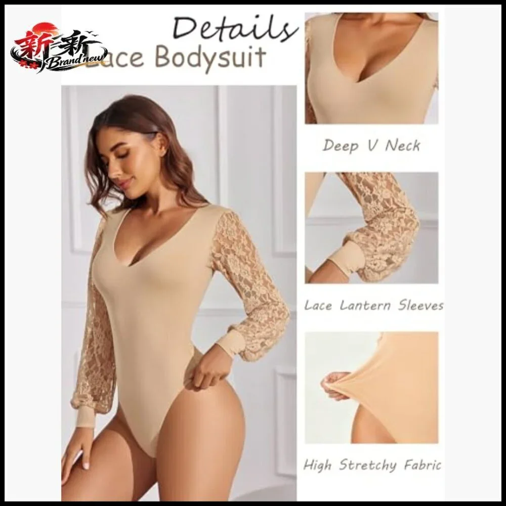 Long Sleeve Bodysuit Double Lined V Neck Lace Puff Sleeves Thong Leotard